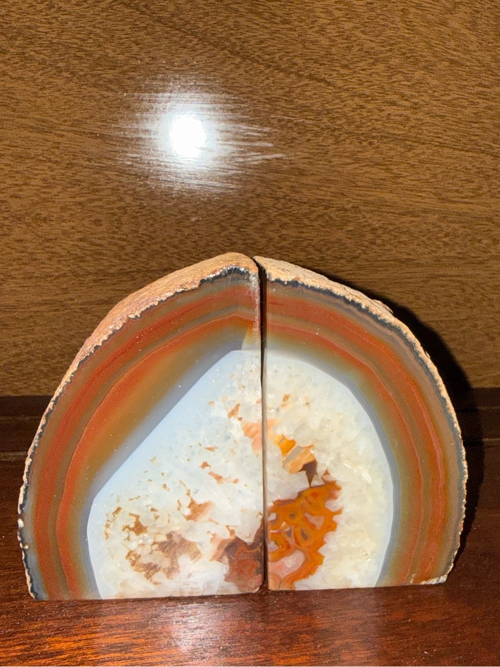Polished Agate Geode Bookends - Red/Orange and White Slices made in Brazil